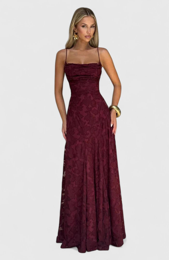 Floral Appliqué A-Line Maxi Dress – Cowl Neck Lace-Up Open Back