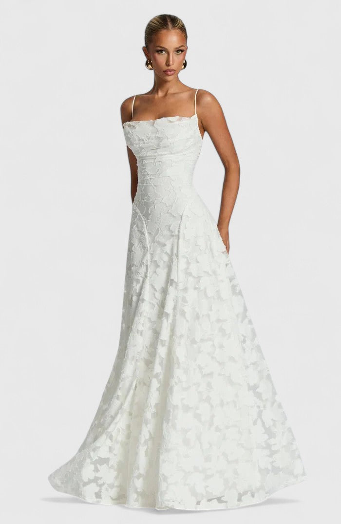 Floral Appliqué A-Line Maxi Dress – Cowl Neck Lace-Up Open Back