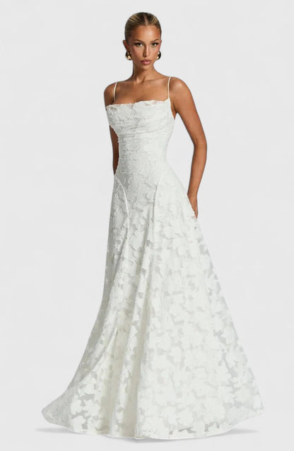 Floral Appliqué A-Line Maxi Dress – Cowl Neck Lace-Up Open Back