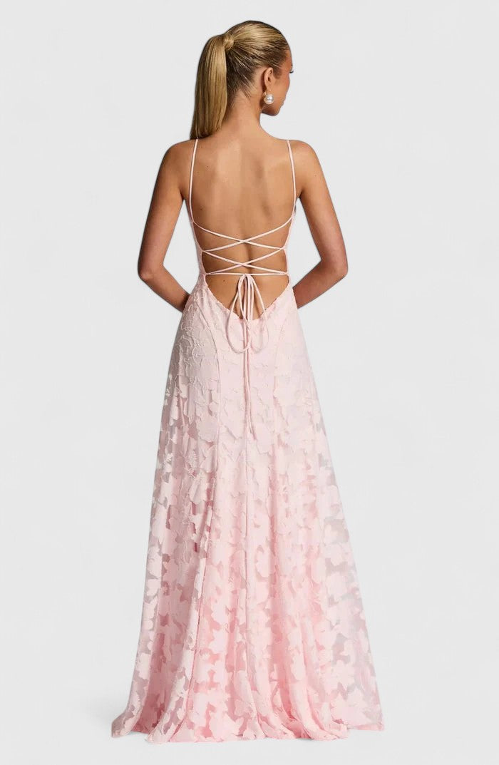 Floral Appliqué A-Line Maxi Dress – Cowl Neck Lace-Up Open Back