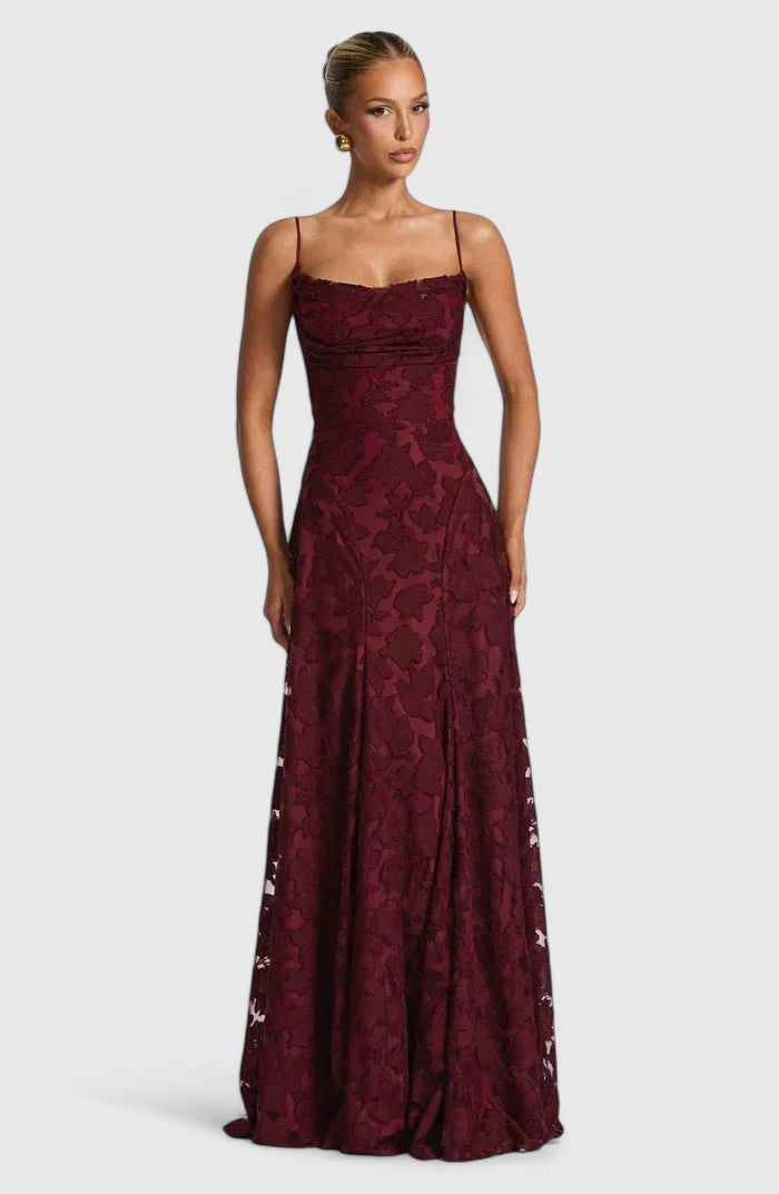 Floral Appliqué A-Line Maxi Dress – Cowl Neck Lace-Up Open Back