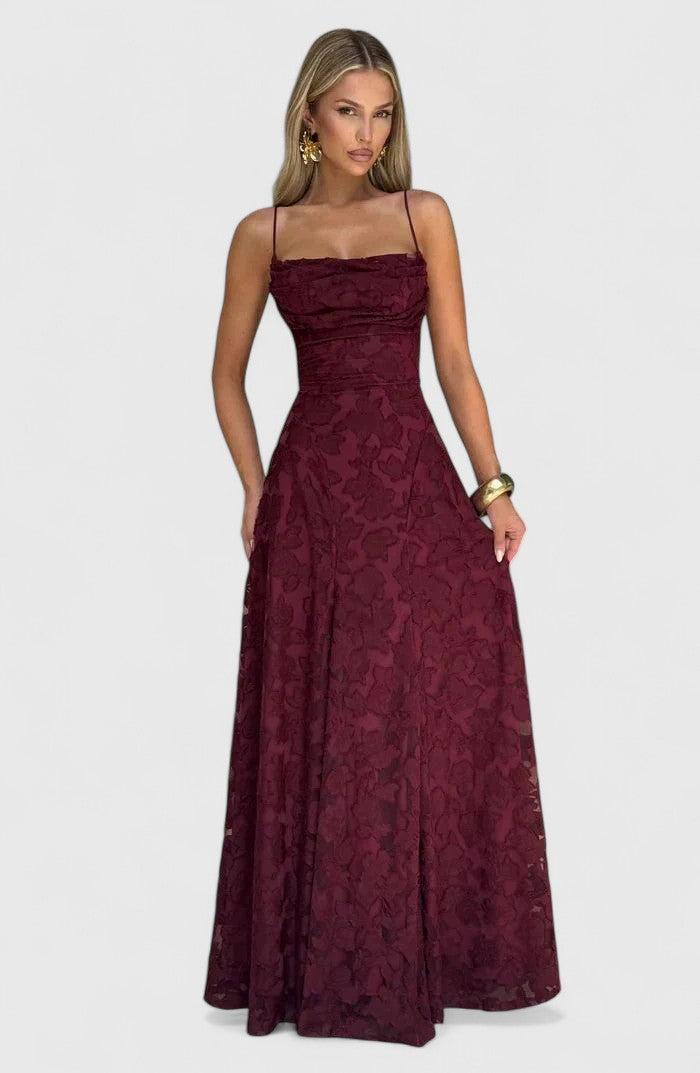 Floral Appliqué A-Line Maxi Dress – Cowl Neck Lace-Up Open Back