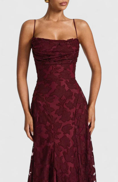 Floral Appliqué A-Line Maxi Dress – Cowl Neck Lace-Up Open Back