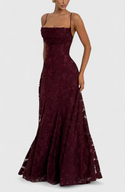 Floral Appliqué A-Line Maxi Dress – Cowl Neck Lace-Up Open Back
