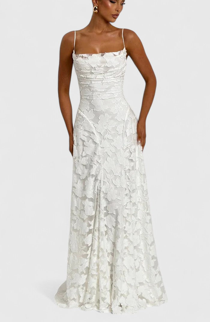 Floral Appliqué A-Line Maxi Dress – Cowl Neck Lace-Up Open Back