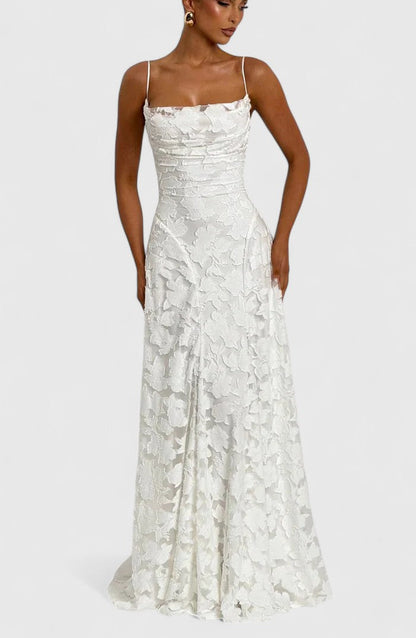 Floral Appliqué A-Line Maxi Dress – Cowl Neck Lace-Up Open Back