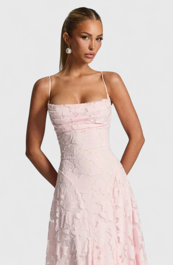 Floral Appliqué A-Line Maxi Dress – Cowl Neck Lace-Up Open Back