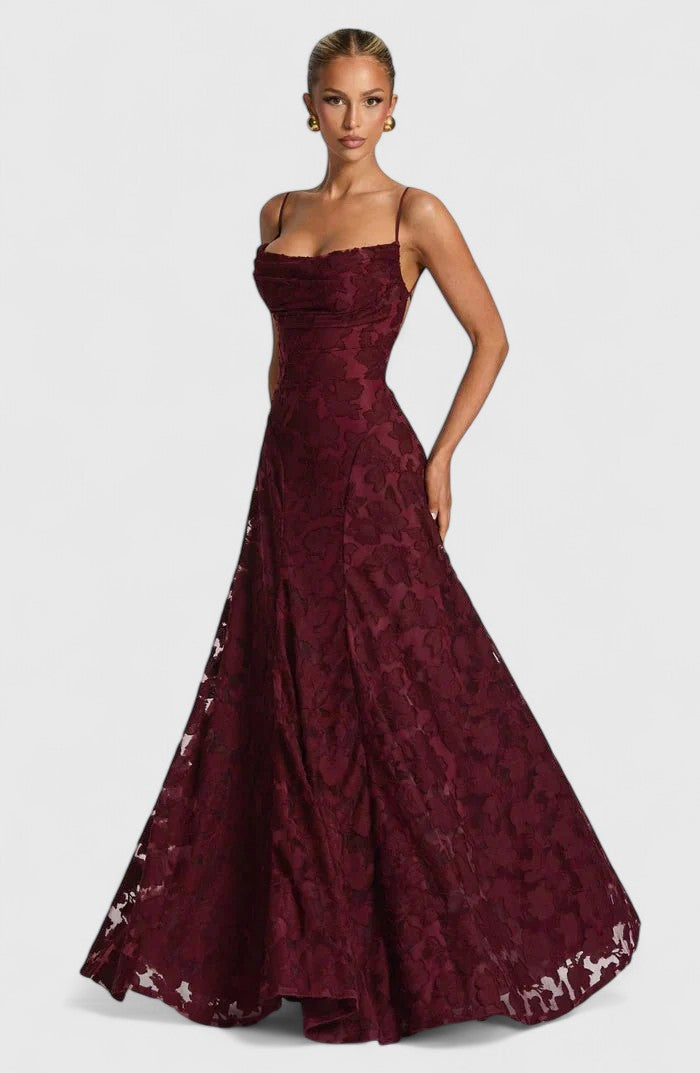 Floral Appliqué A-Line Maxi Dress – Cowl Neck Lace-Up Open Back