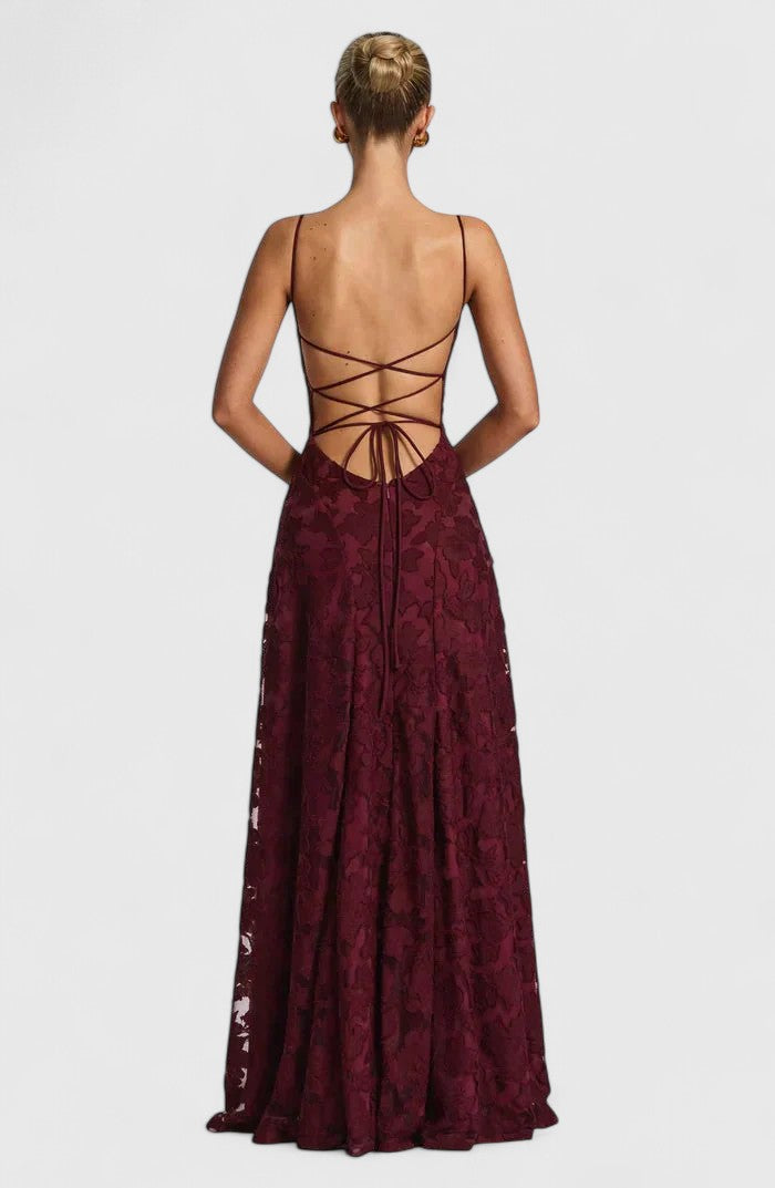 Floral Appliqué A-Line Maxi Dress – Cowl Neck Lace-Up Open Back