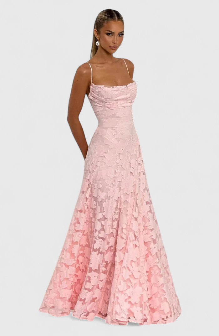 Floral Appliqué A-Line Maxi Dress – Cowl Neck Lace-Up Open Back