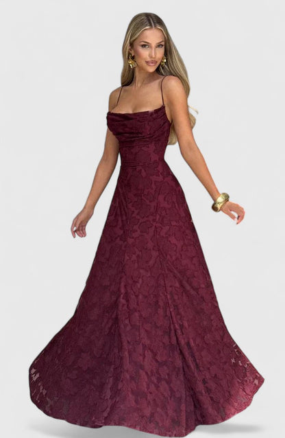 Floral Appliqué A-Line Maxi Dress – Cowl Neck Lace-Up Open Back
