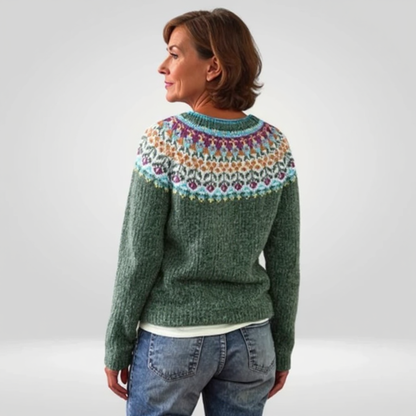 Floral Yoke Knit Sweater – Nordic Round Yoke Pullover Green