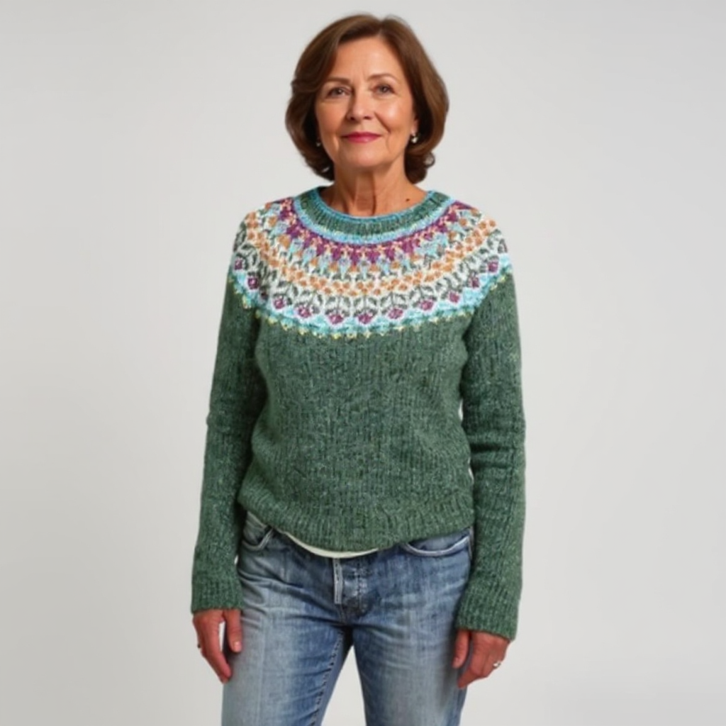 Floral Yoke Knit Sweater – Nordic Round Yoke Pullover Green