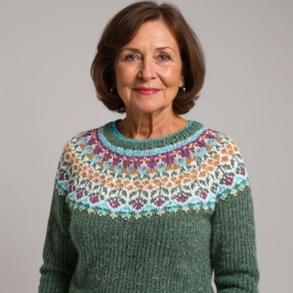 Floral Yoke Knit Sweater – Nordic Round Yoke Pullover Green