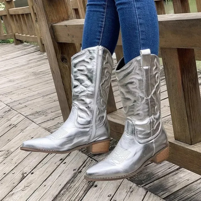 Metallic Cowboy Boots Women – Pointed Toe Mid-Calf Western Boots