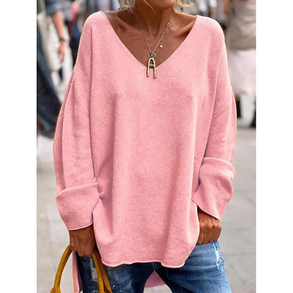 Oversized V-Neck Knit Pullover – Batwing Long Sleeve Side Slit Top