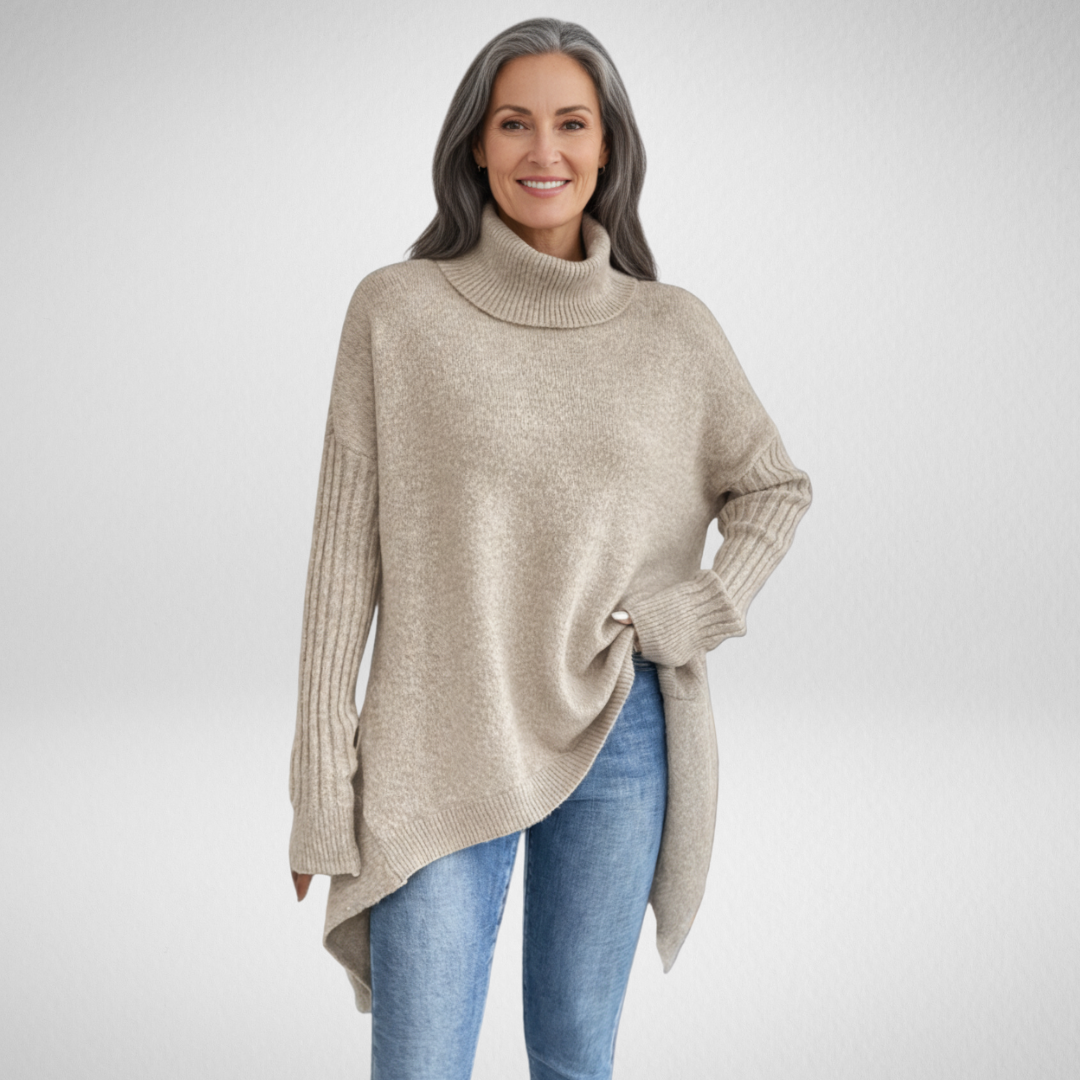 Oversized Turtleneck Sweater – Asymmetric Hem Ribbed Knit Pullover