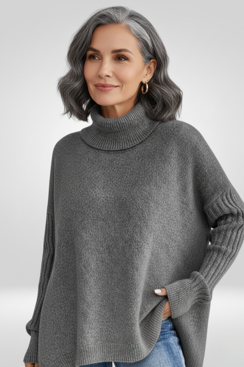 Oversized Turtleneck Sweater – Asymmetric Hem Ribbed Knit Pullover