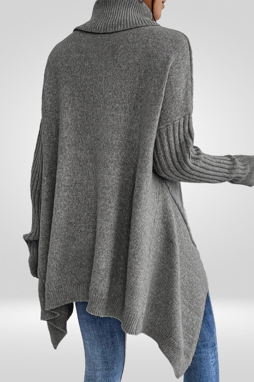 Oversized Turtleneck Sweater – Asymmetric Hem Ribbed Knit Pullover