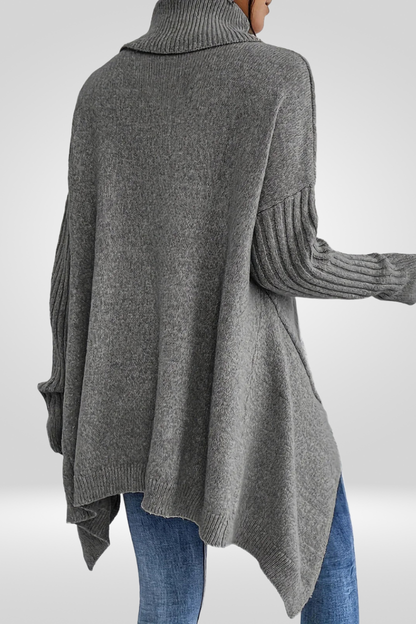 Oversized Turtleneck Sweater – Asymmetric Hem Ribbed Knit Pullover