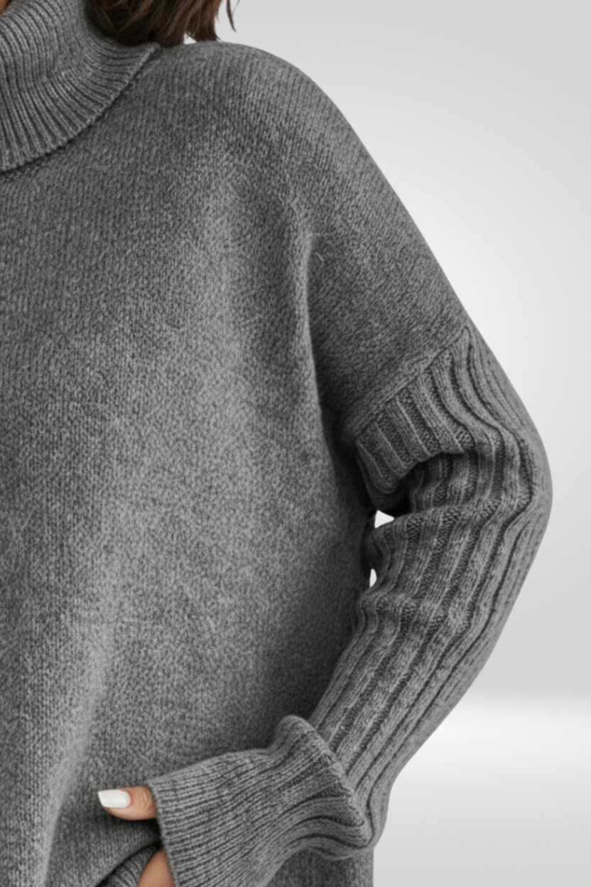 Oversized Turtleneck Sweater – Asymmetric Hem Ribbed Knit Pullover