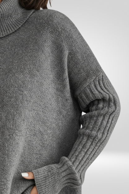 Oversized Turtleneck Sweater – Asymmetric Hem Ribbed Knit Pullover