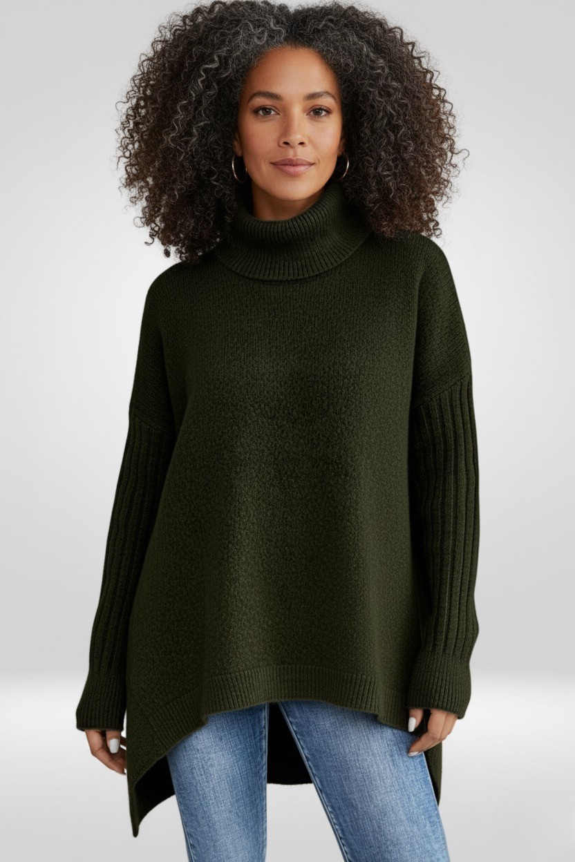 Oversized Turtleneck Sweater – Asymmetric Hem Ribbed Knit Pullover