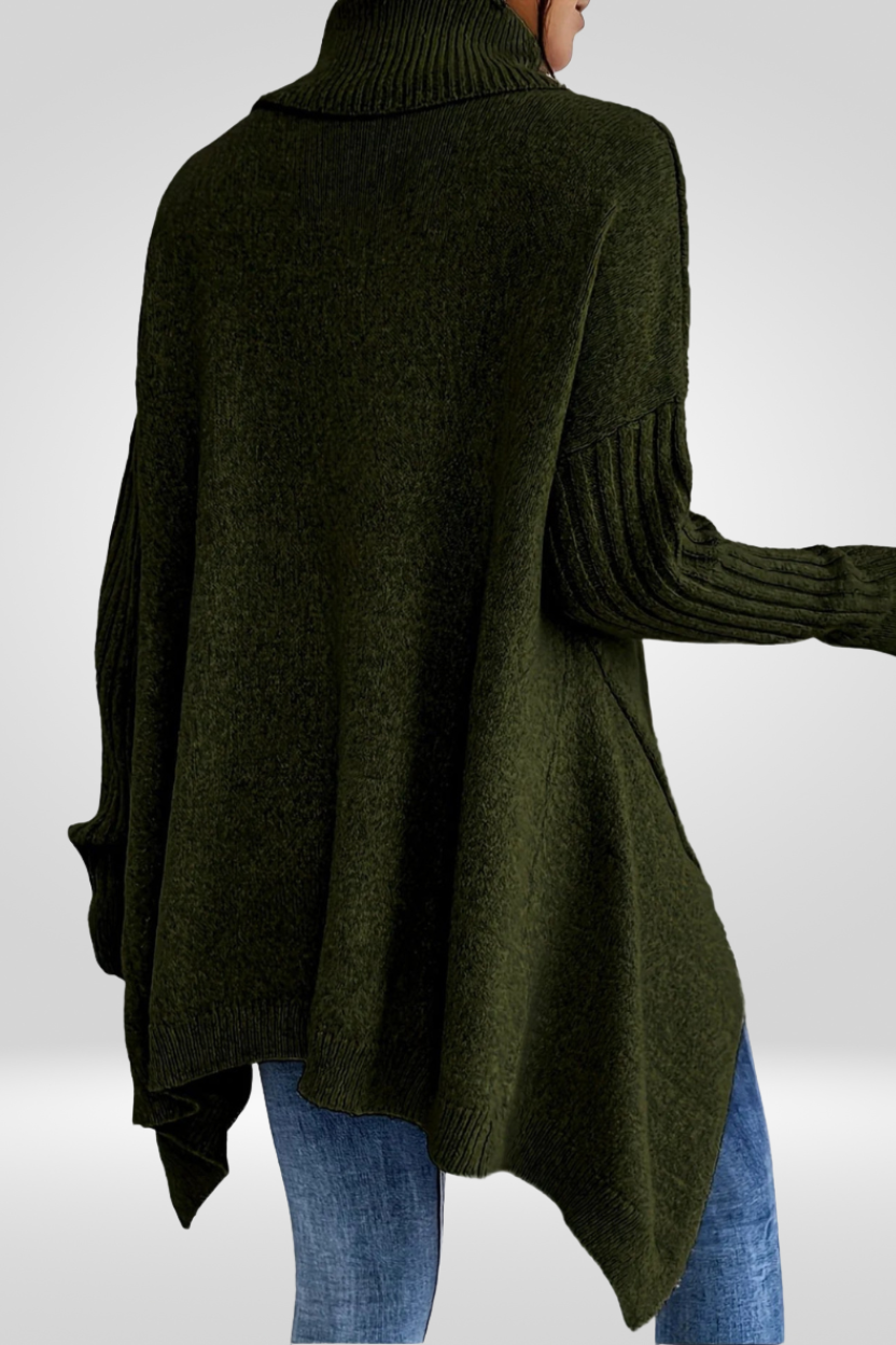 Oversized Turtleneck Sweater – Asymmetric Hem Ribbed Knit Pullover