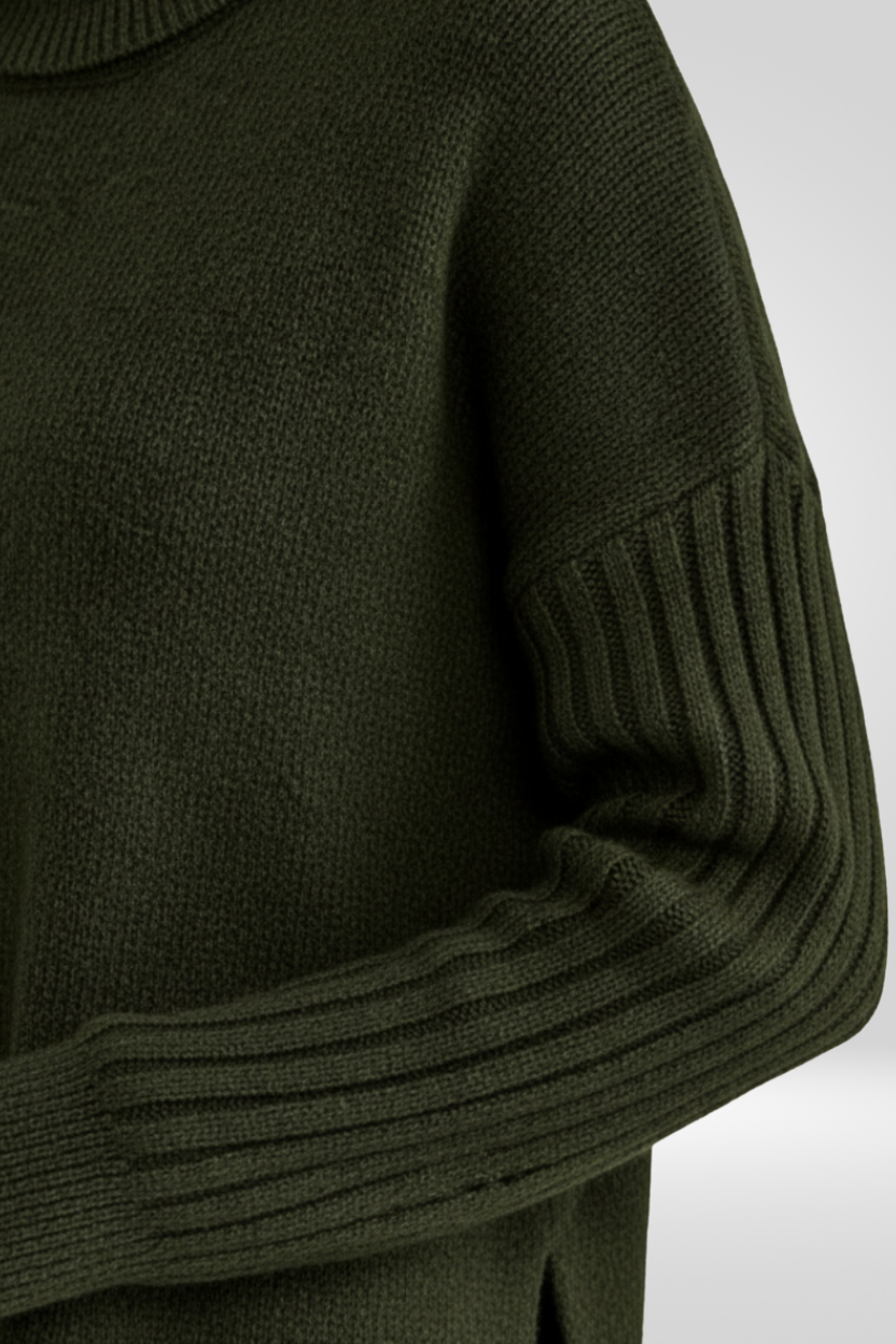 Oversized Turtleneck Sweater – Asymmetric Hem Ribbed Knit Pullover
