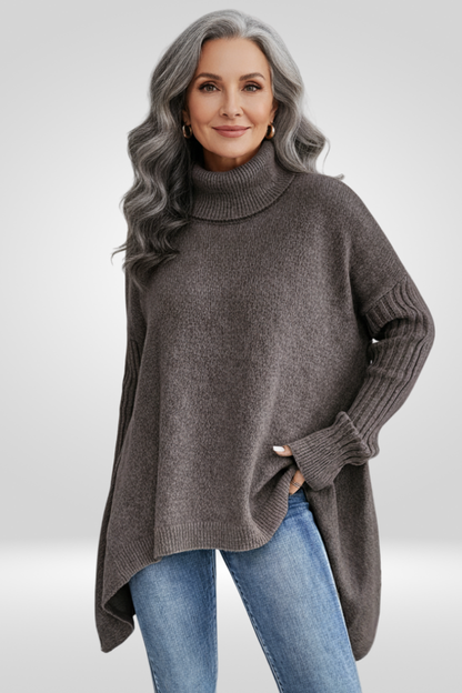 Oversized Turtleneck Sweater – Asymmetric Hem Ribbed Knit Pullover