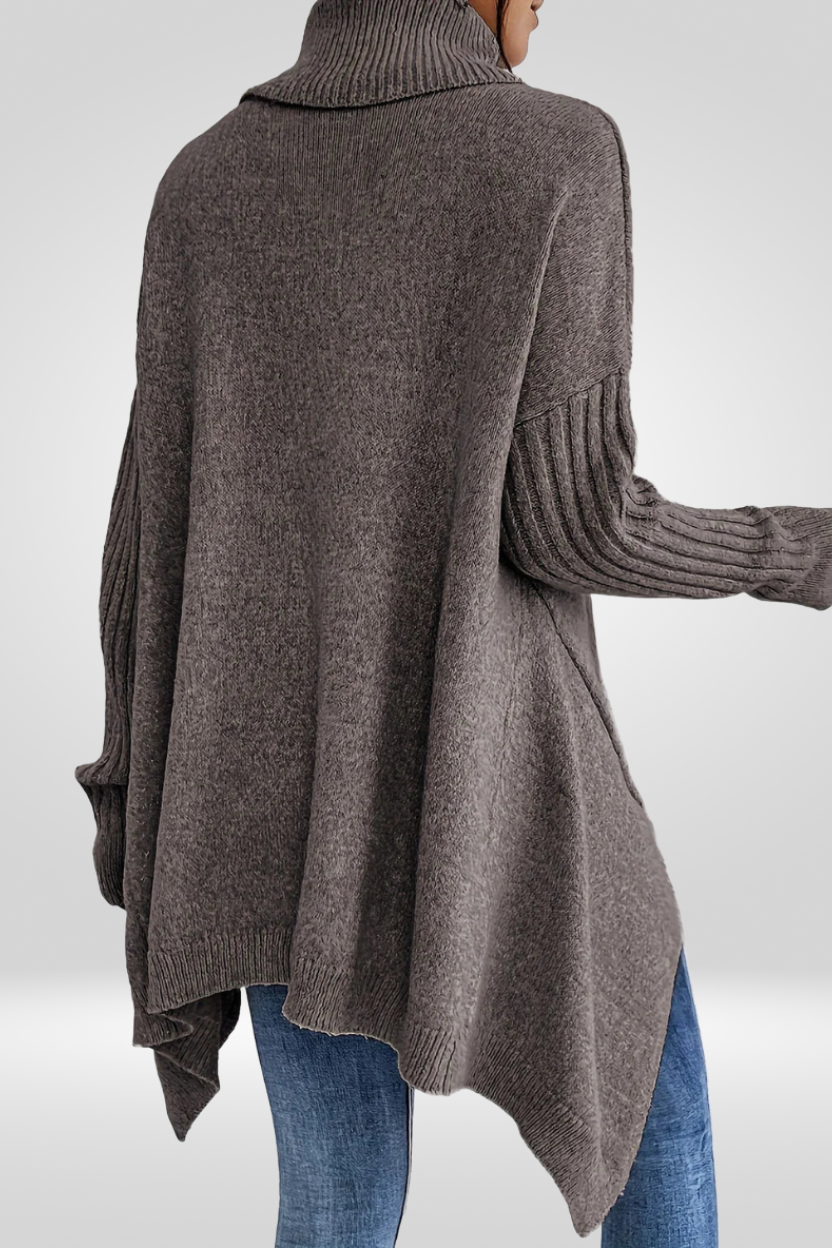 Oversized Turtleneck Sweater – Asymmetric Hem Ribbed Knit Pullover