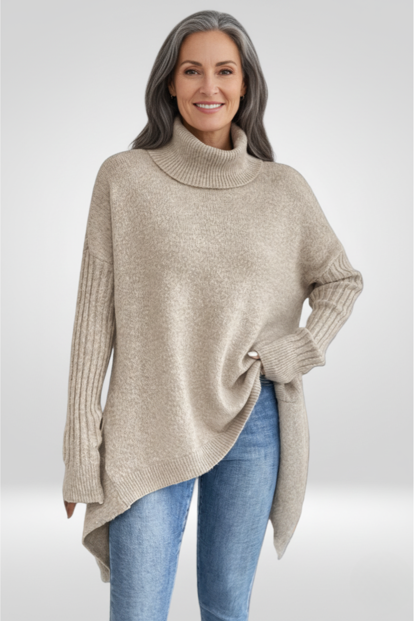 Oversized Turtleneck Sweater – Asymmetric Hem Ribbed Knit Pullover