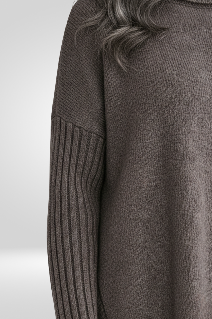 Oversized Turtleneck Sweater – Asymmetric Hem Ribbed Knit Pullover
