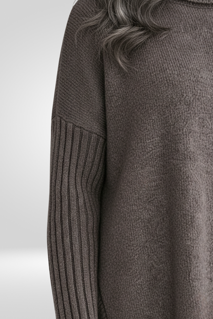 Oversized Turtleneck Sweater – Asymmetric Hem Ribbed Knit Pullover