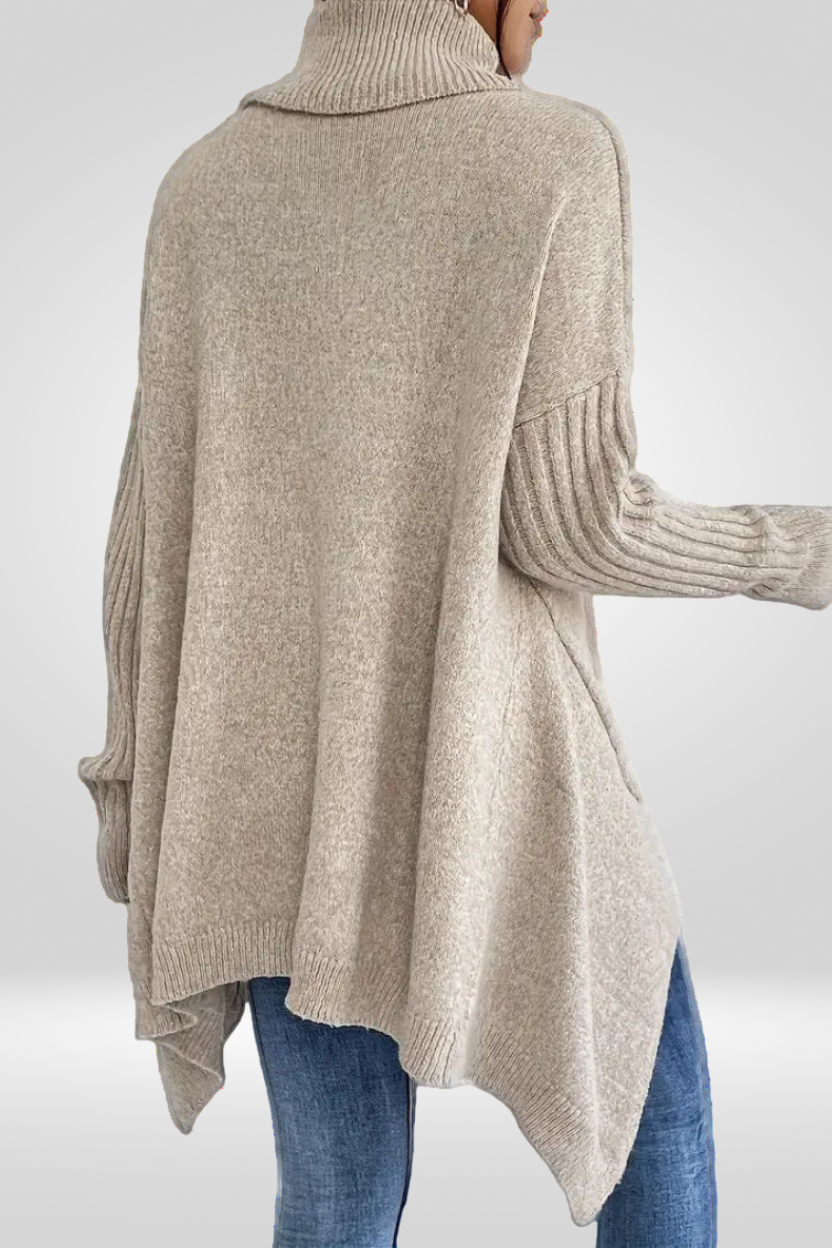 Oversized Turtleneck Sweater – Asymmetric Hem Ribbed Knit Pullover