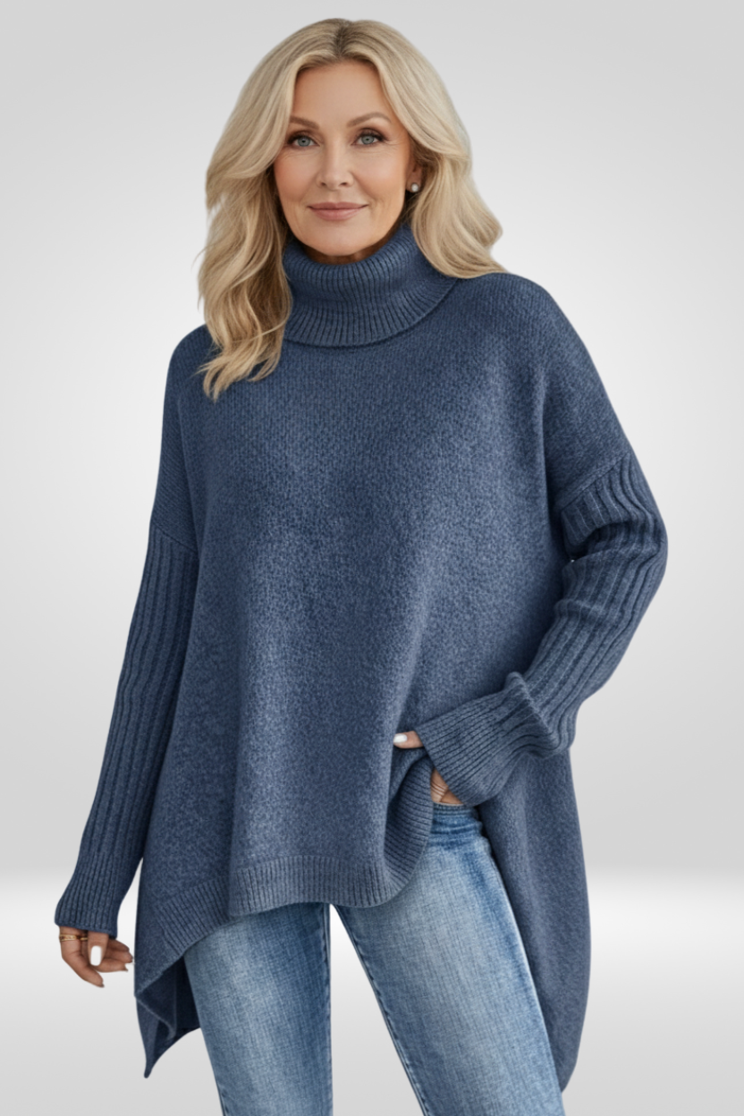 Oversized Turtleneck Sweater – Asymmetric Hem Ribbed Knit Pullover