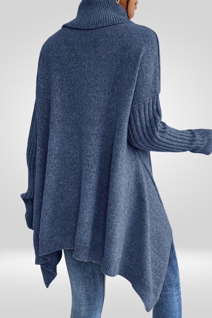 Oversized Turtleneck Sweater – Asymmetric Hem Ribbed Knit Pullover