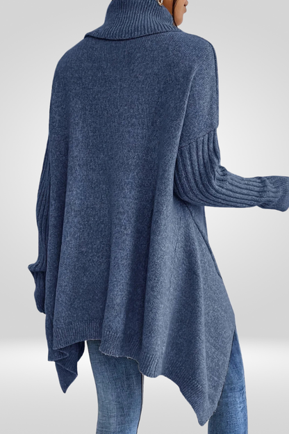 Oversized Turtleneck Sweater – Asymmetric Hem Ribbed Knit Pullover