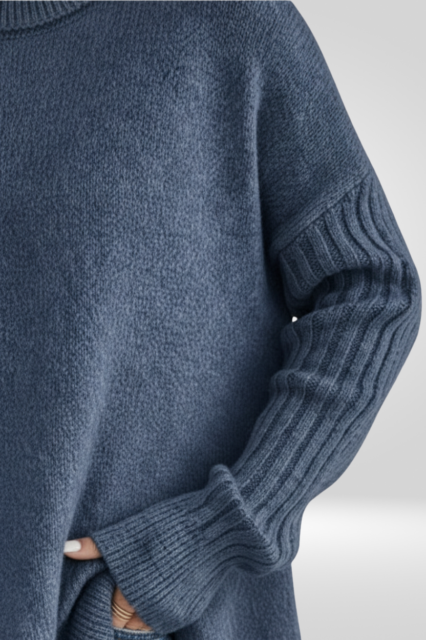 Oversized Turtleneck Sweater – Asymmetric Hem Ribbed Knit Pullover