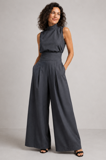 Wide-Leg Two-Piece Set – Sleeveless Mock Neck Top Pleated Trousers