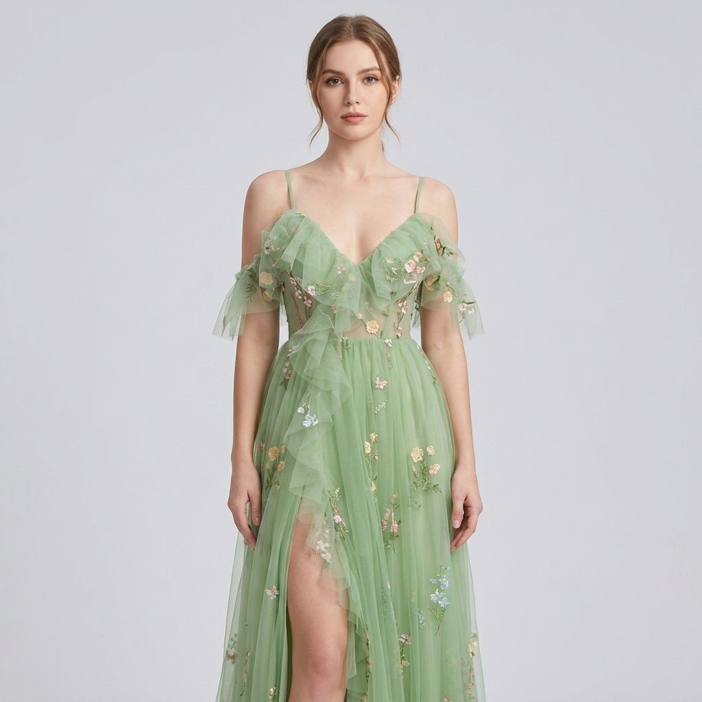 Floral Embroidered Tulle Maxi Dress – Corset Bodice A-Line Prom Gown