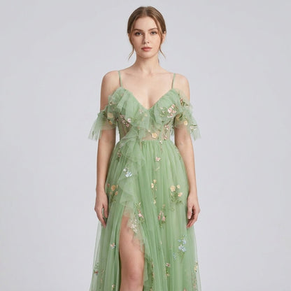 Floral Embroidered Tulle Maxi Dress – Corset Bodice A-Line Prom Gown