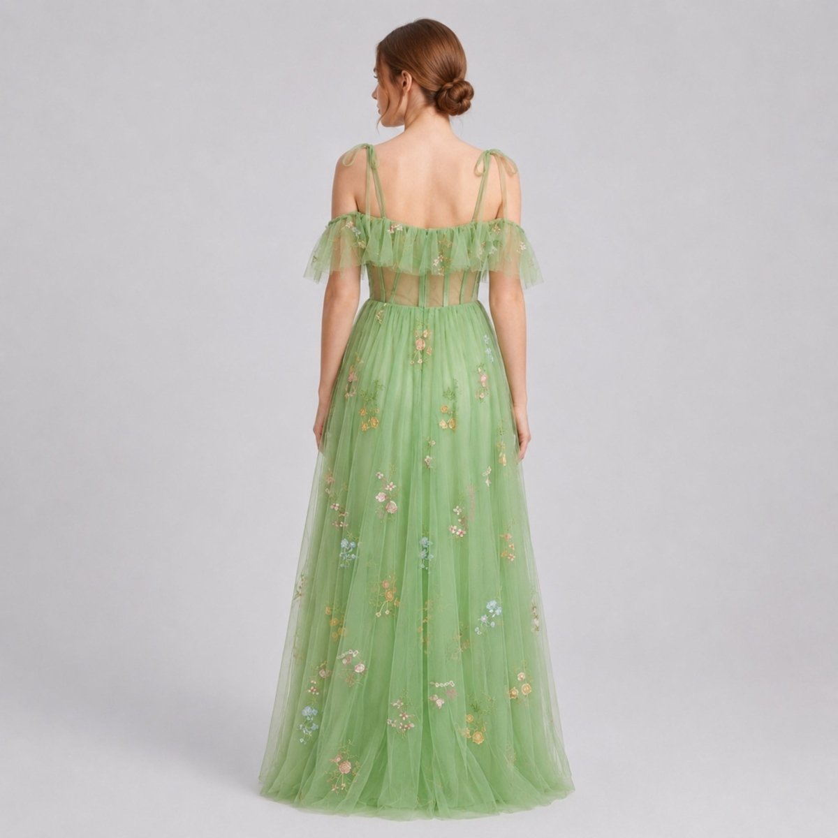 Floral Embroidered Tulle Maxi Dress – Corset Bodice A-Line Prom Gown