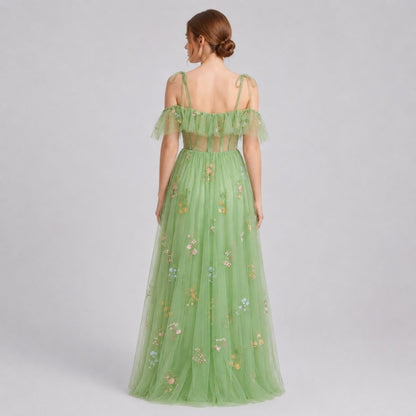 Floral Embroidered Tulle Maxi Dress – Corset Bodice A-Line Prom Gown