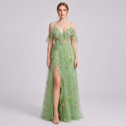 Floral Embroidered Tulle Maxi Dress – Corset Bodice A-Line Prom Gown