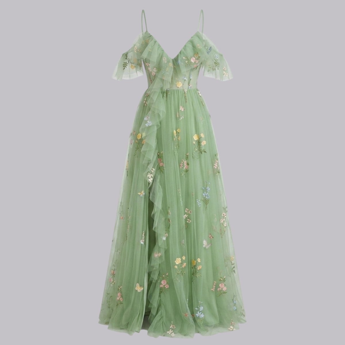 Floral Embroidered Tulle Maxi Dress – Corset Bodice A-Line Prom Gown