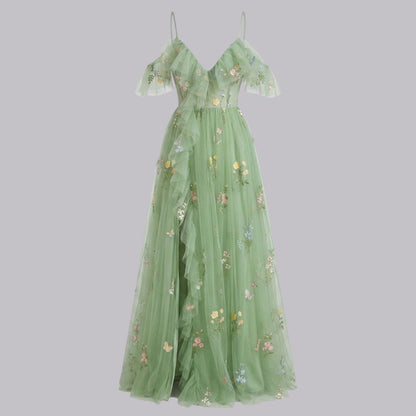 Floral Embroidered Tulle Maxi Dress – Corset Bodice A-Line Prom Gown