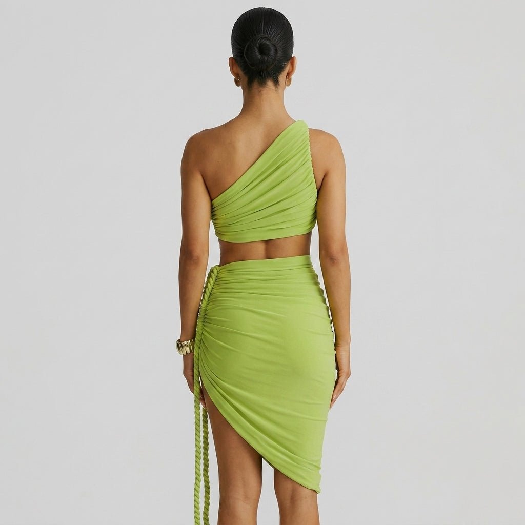 One Shoulder Ruched Maxi Dress – Cutout Waist Rope-Detail Jersey