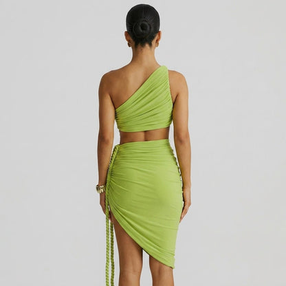 One Shoulder Ruched Maxi Dress – Cutout Waist Rope-Detail Jersey
