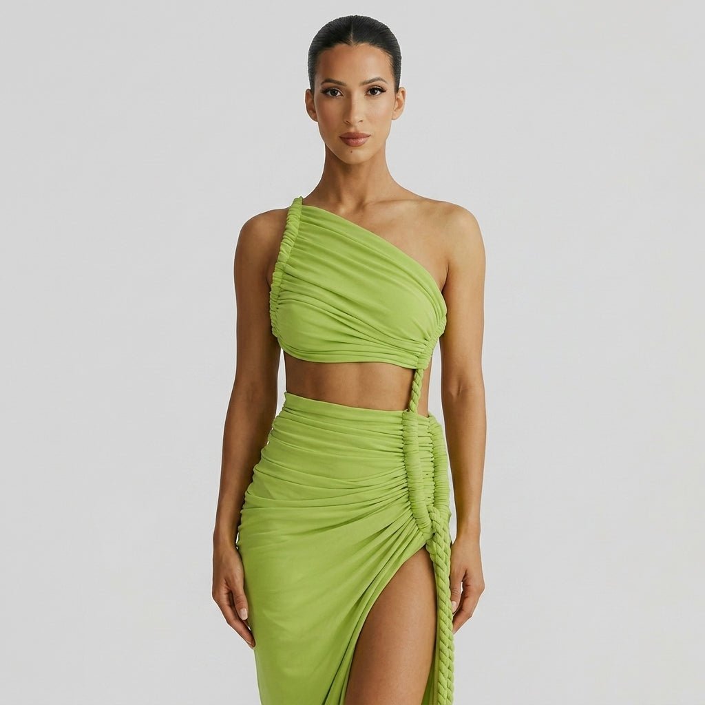 One Shoulder Ruched Maxi Dress – Cutout Waist Rope-Detail Jersey